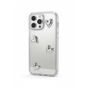 Phone Case For iPhone 15 Pro Max Silicone Clear Hybrid Chrome Silver 3D Hearts